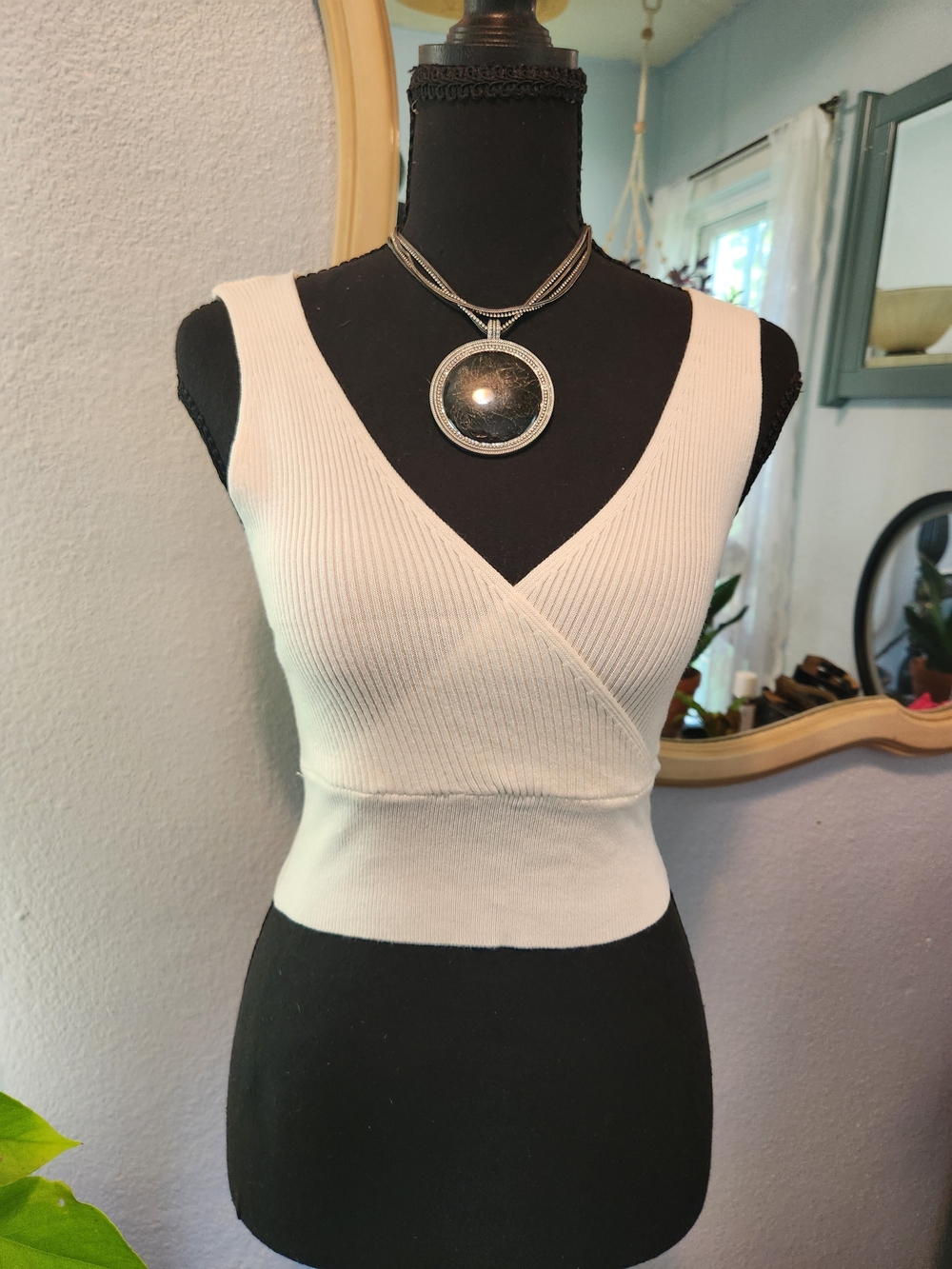 Dreamers By Debut Ribbed V-Neck Wrap Crop Tank Top in Cream